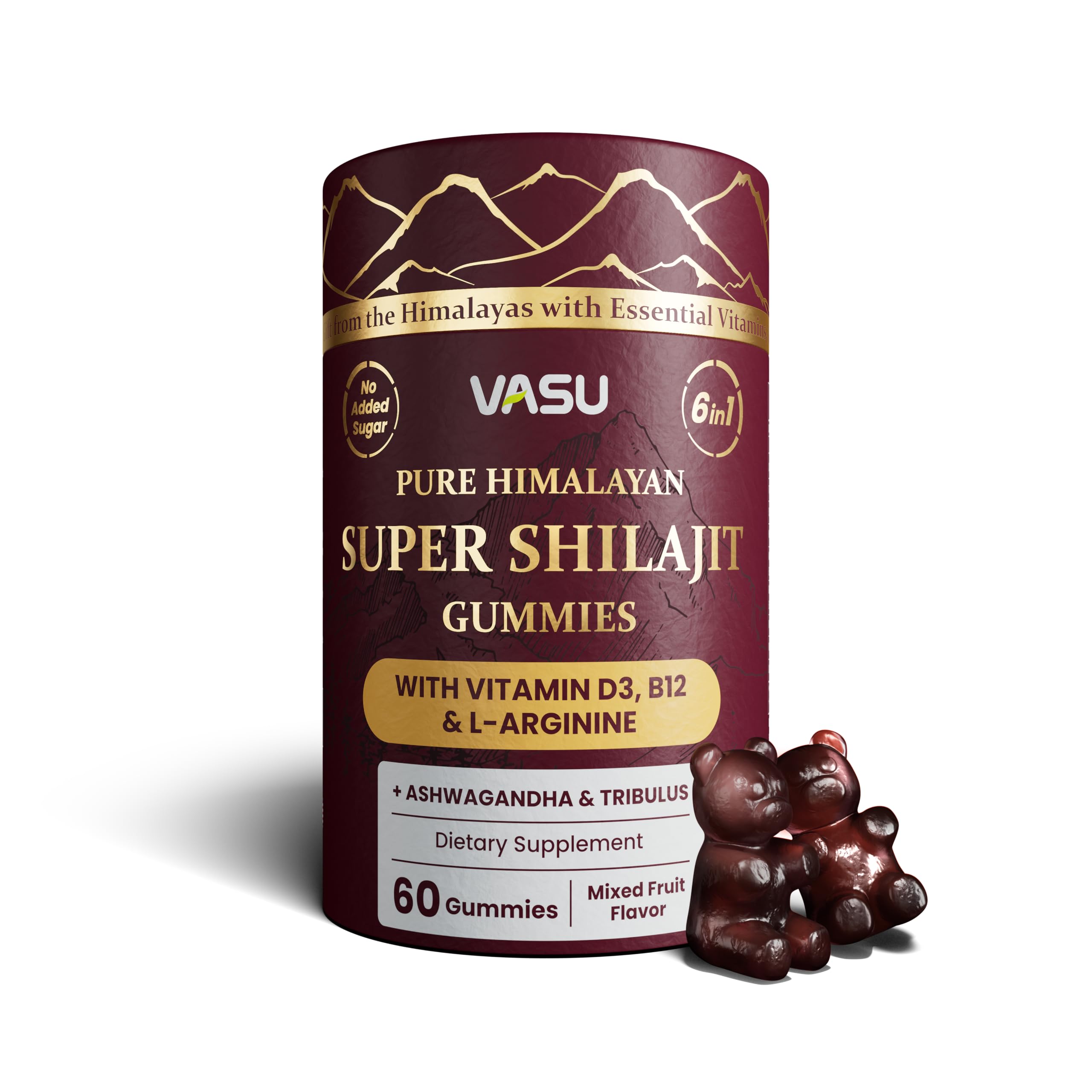 Vasu 6 in 1 Shilajit gummies bottle for daily energy support.