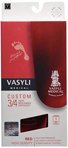 Vasyli red 3/4 length insoles with firm density for durable mechanical control.