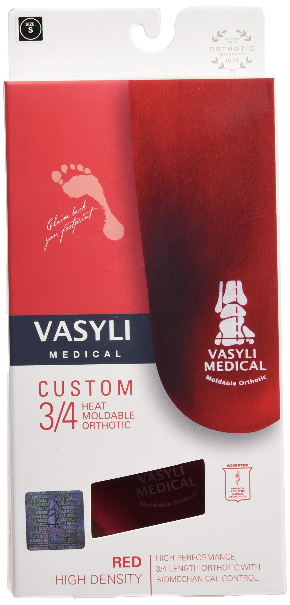 Vasyli Custom 3/4 Length Insoles red, inside shoe view for durable arch control