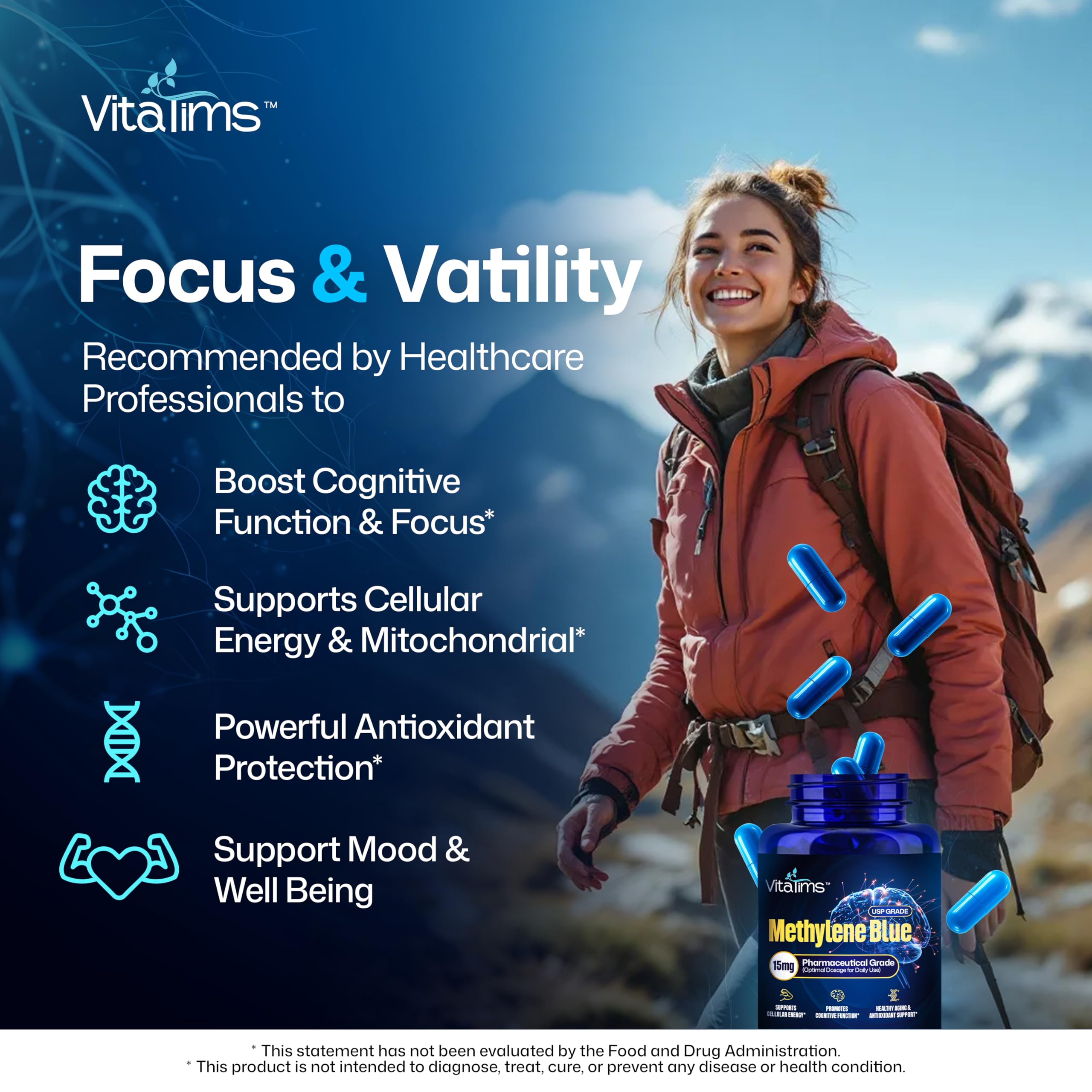 Vitatims Methylene Blue Capsules in hand, easy daily dosing for focused routines
