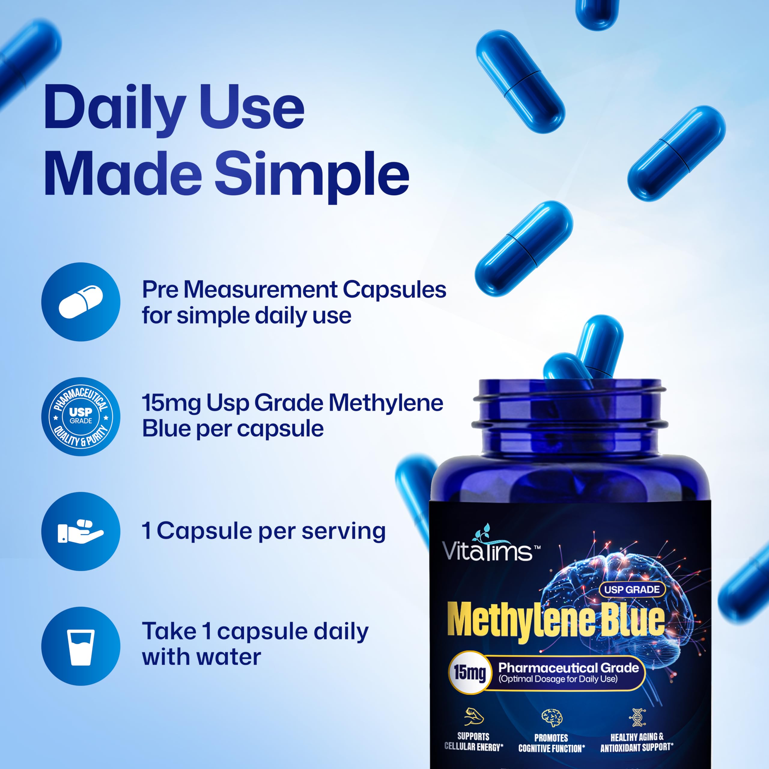 Vitatims Methylene Blue Capsules with organic cacao powder, natural flavonoids in a subtle blend