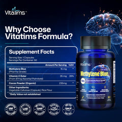 Vitatims Methylene Blue Capsules vegan, non-GMO and gluten-free ingredients for mindful supplementation