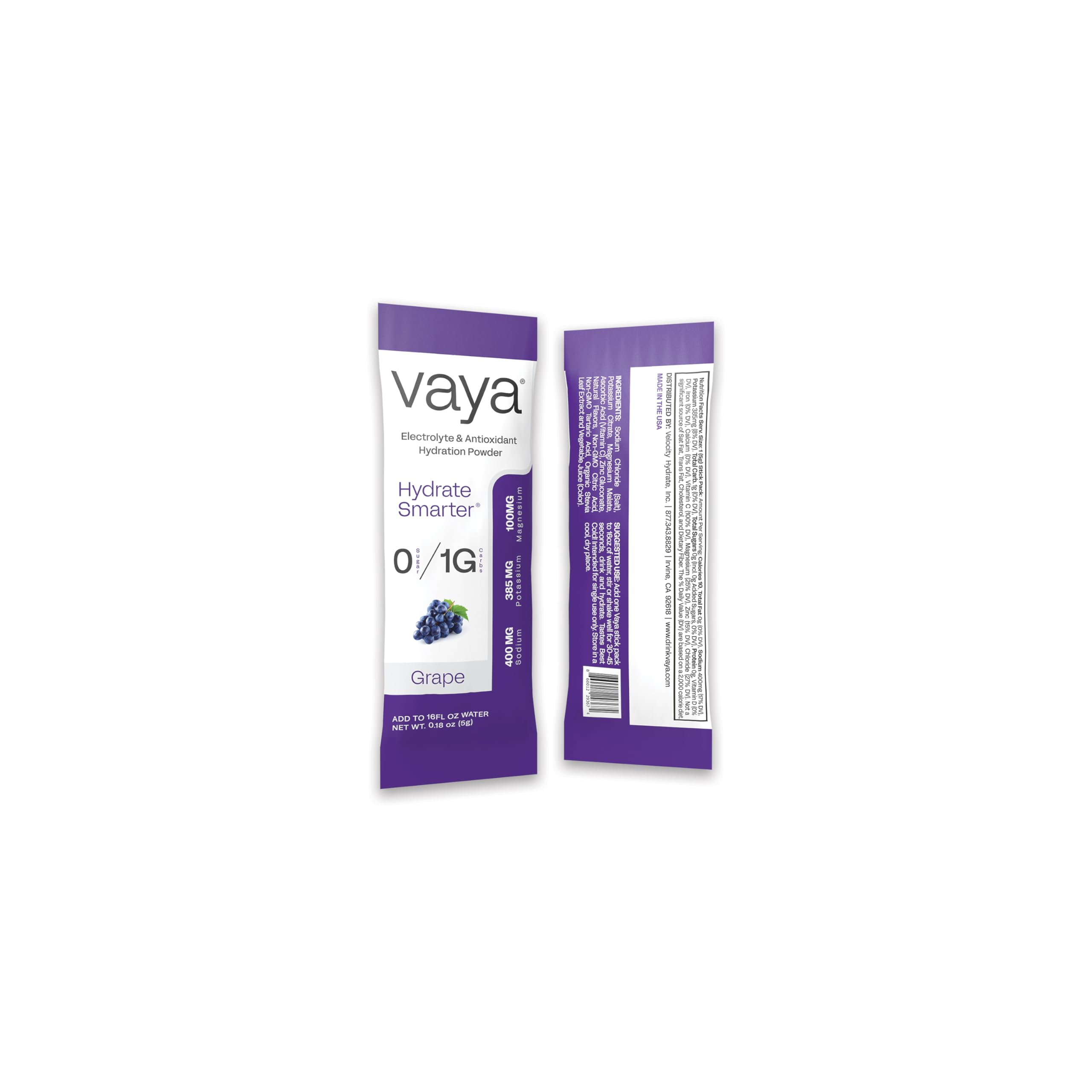 Vaya lab-tested, USA-made badge on packaging