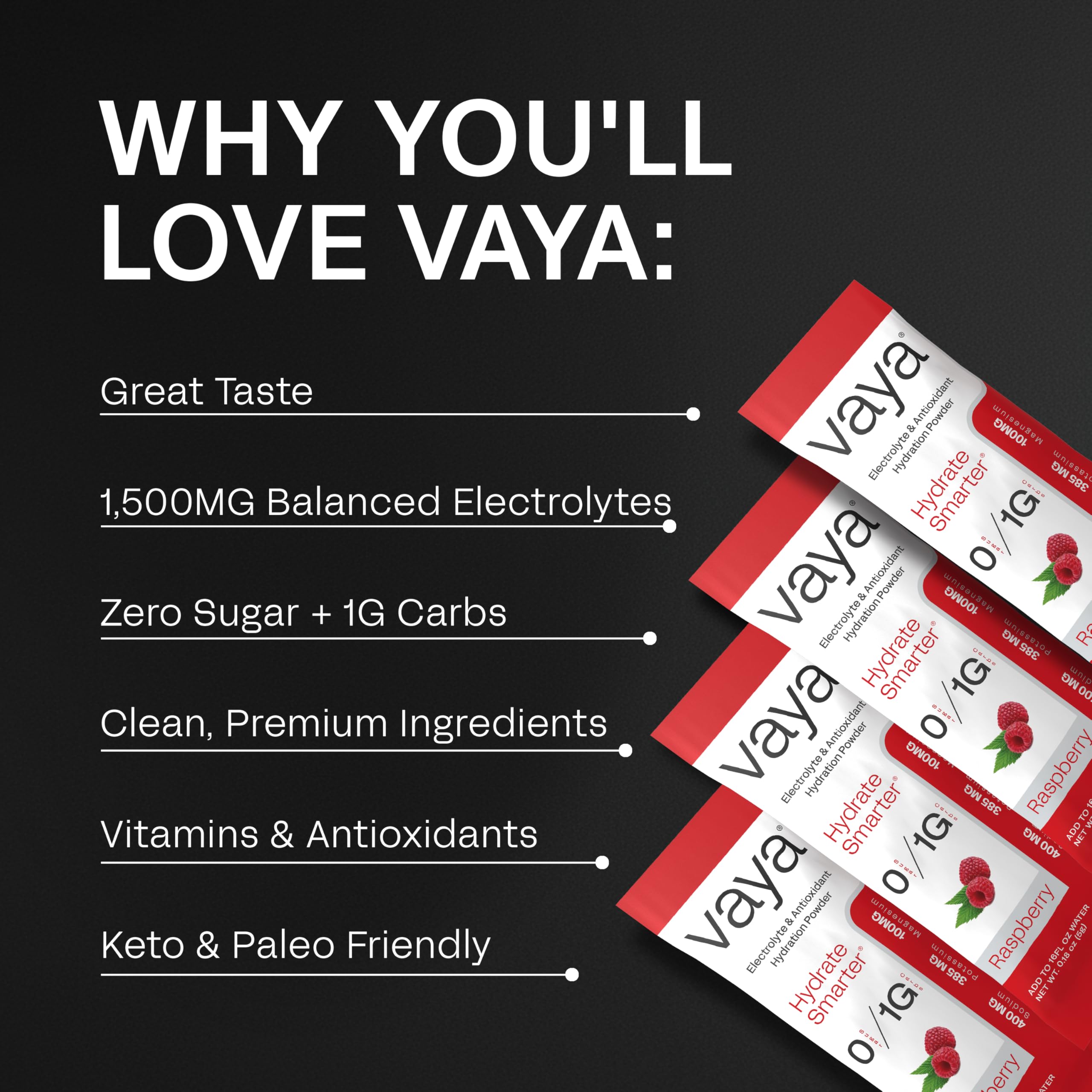 Close-up of Vaya electrolyte packet showing raspberry flavor and powder pour.