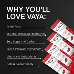 Close-up of Vaya electrolyte packet showing raspberry flavor and powder pour.