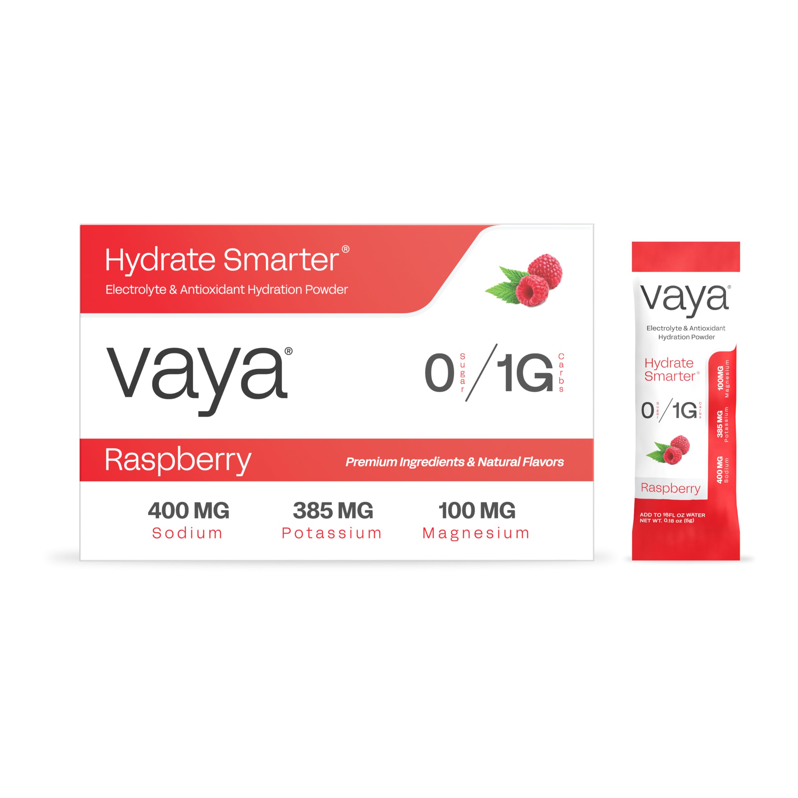 Vaya raspberry sugar-free electrolyte packets for quick hydration and keto-friendly fueling.