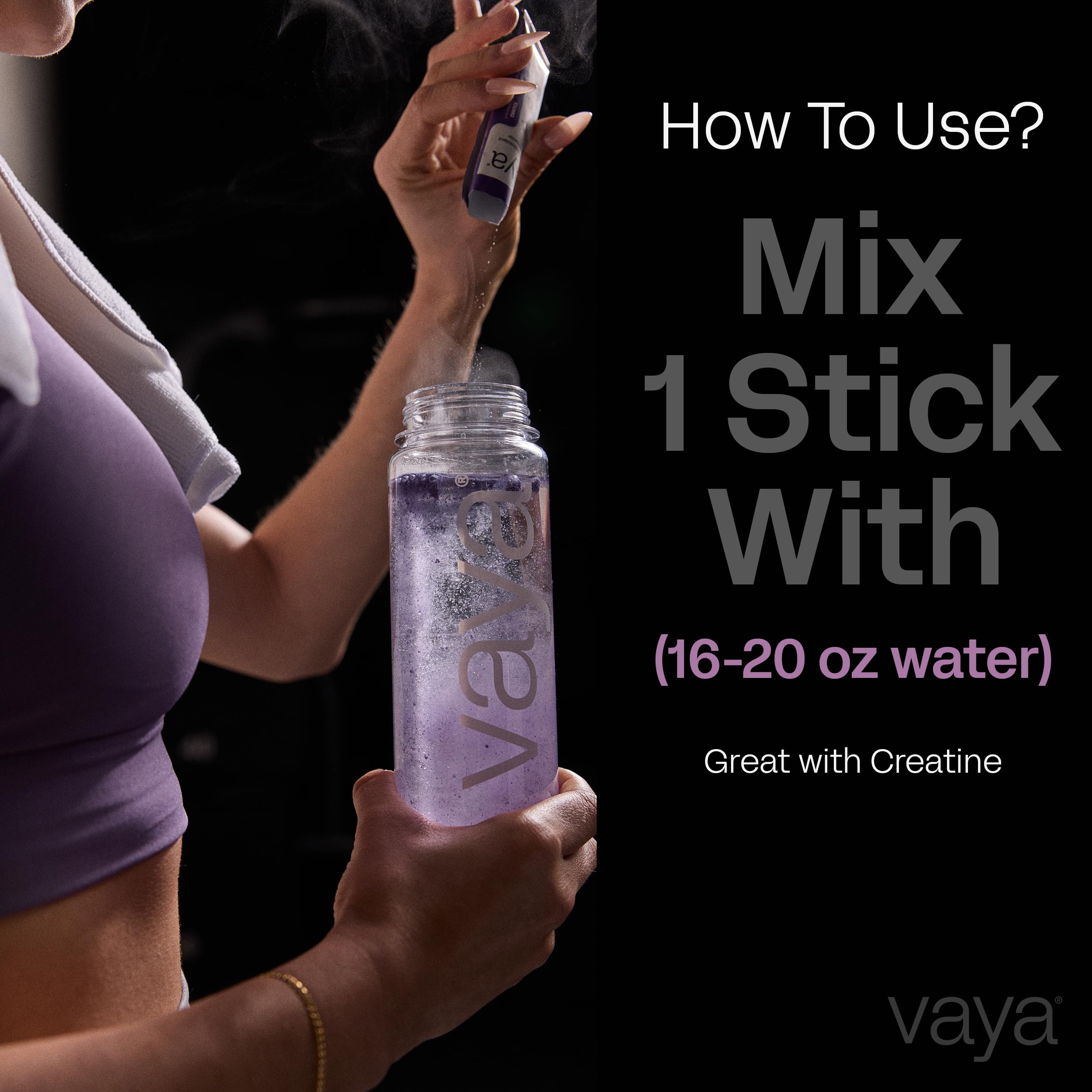 Opened Vaya sugar-free electrolyte packet with glass shows easy mix and quick sip.