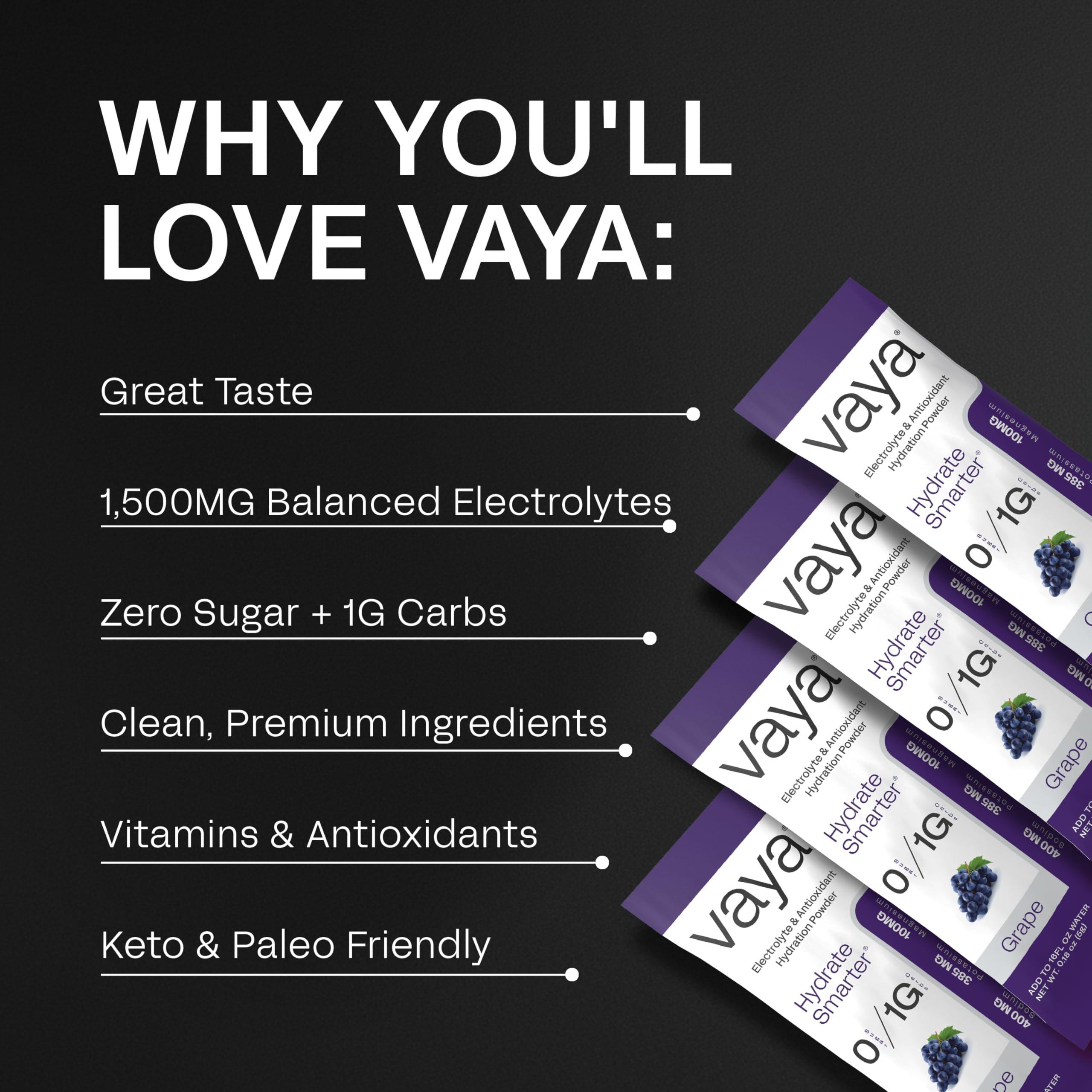Vaya grape electrolyte packets pouring into water for instant hydration
