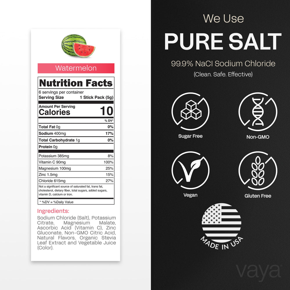 Vaya sugar-free electrolyte packets Watermelon dissolving into a glass for fast hydration after workouts.