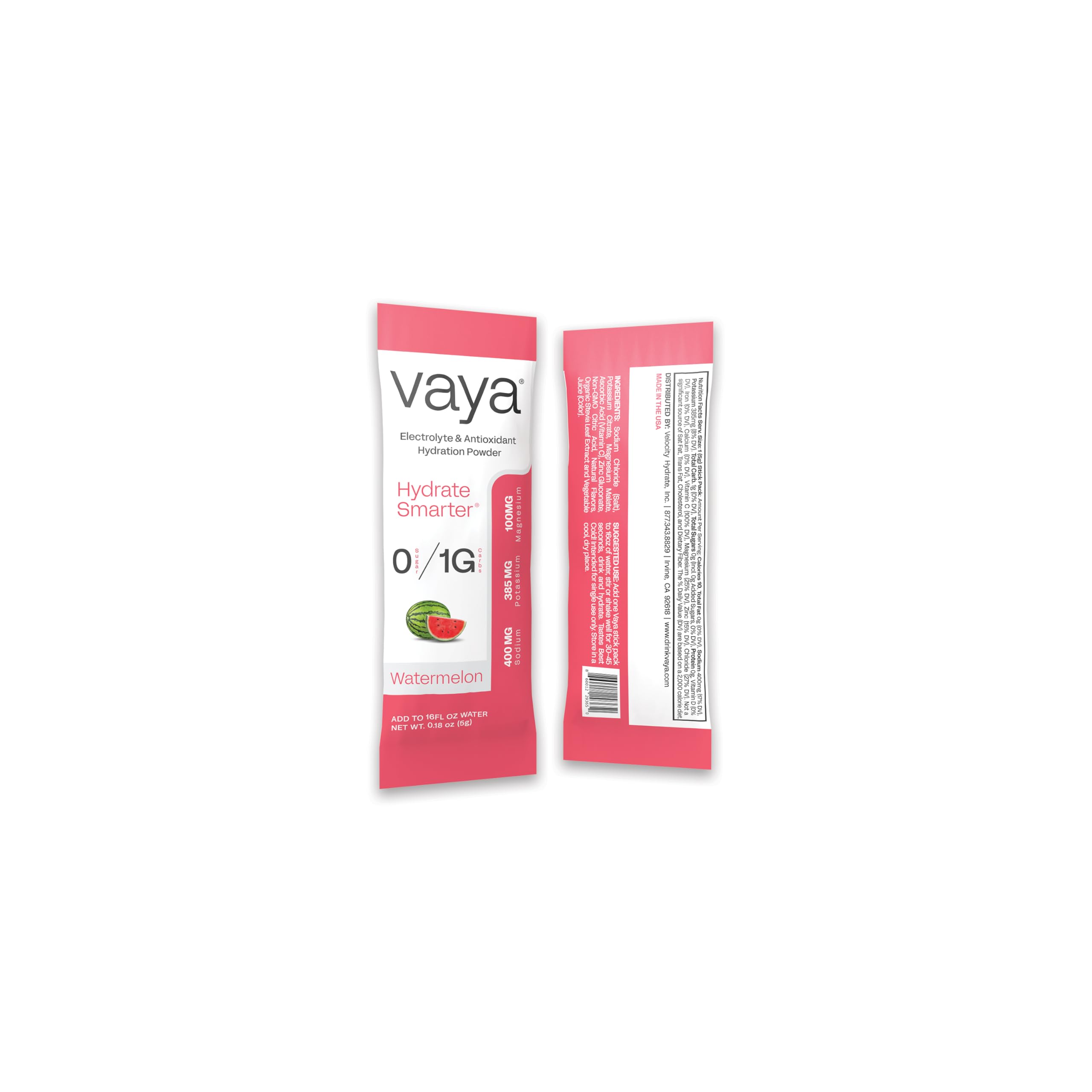 Vaya sugar-free electrolyte packets Watermelon lab-certified USA-made label visible.