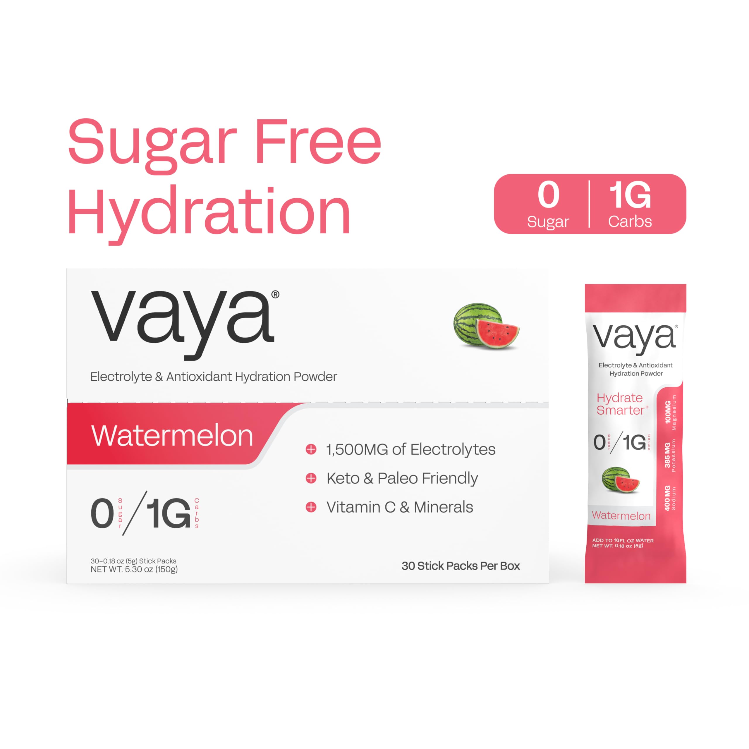 Vaya sugar-free electrolyte packets Watermelon with a measuring spoon demonstrating precise dosing.
