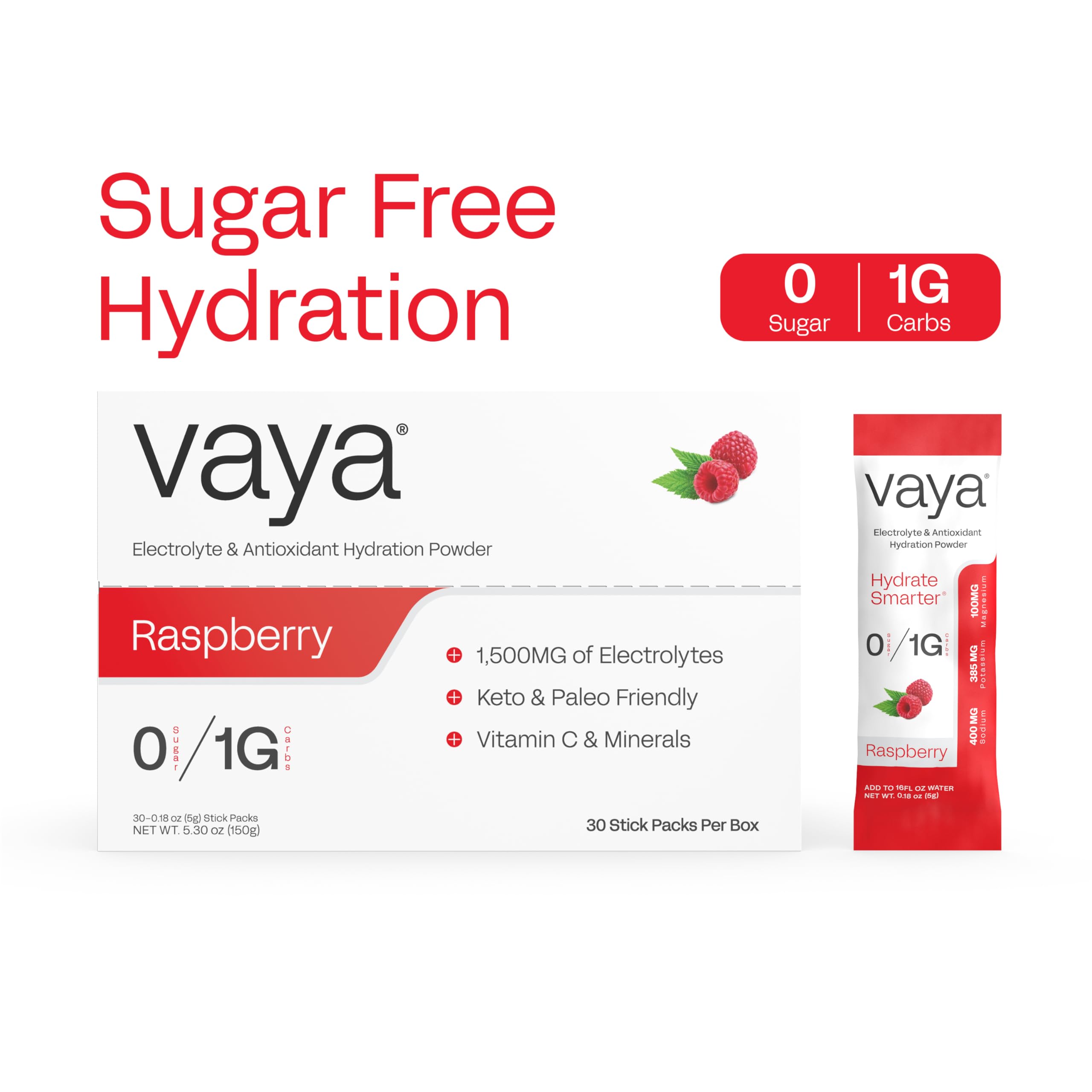 Vaya sugar-free electrolyte powder packet ready to mix in water.