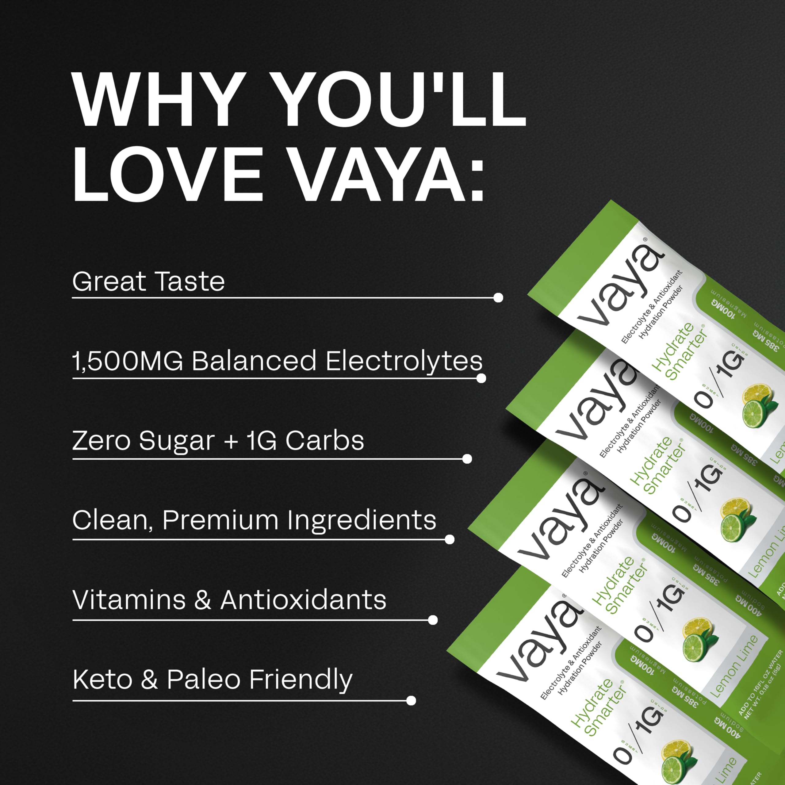 Vaya Lemon Lime packets beside a bottle for zero sugar hydration on busy days.