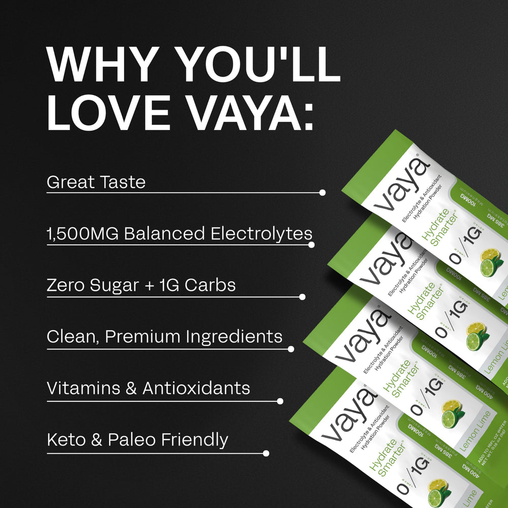 Vaya Lemon Lime packets beside a bottle for zero sugar hydration on busy days.