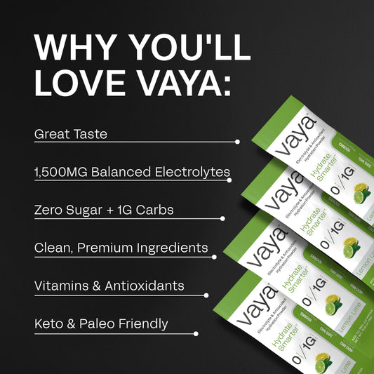 Vaya Lemon Lime packets beside a bottle for zero sugar hydration on busy days.