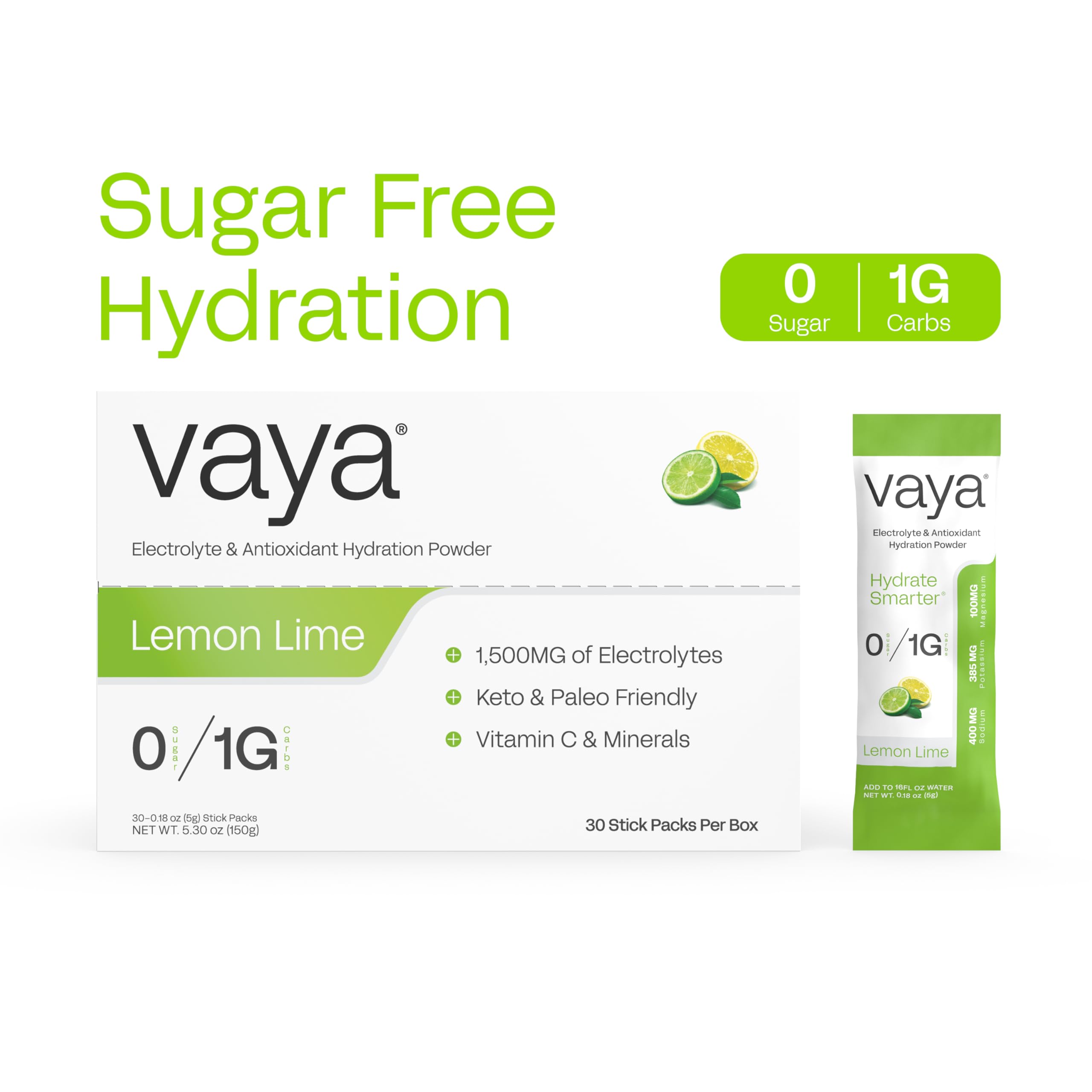 Open Vaya electrolyte packets on the countertop revealing Lemon Lime flavor and packaging.