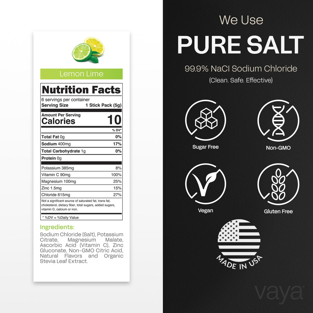 Pouring Vaya Lemon Lime into a glass highlights a refreshing electrolyte mix.