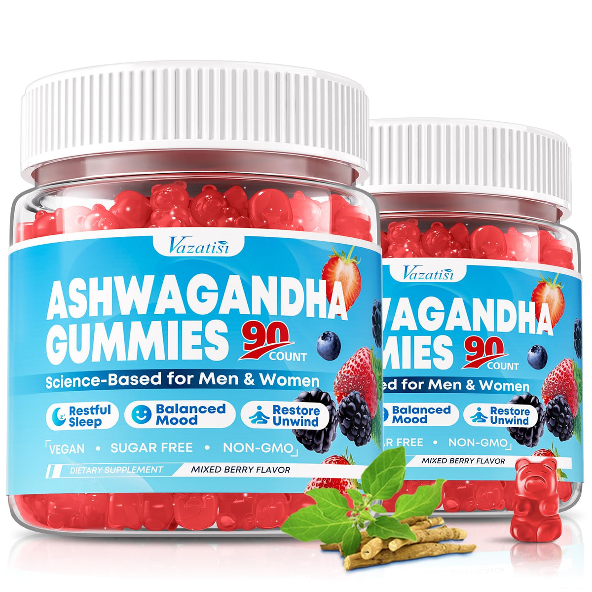 Vazatisi Ashwagandha Gummies bottle with mixed berry chews for daily balance.
