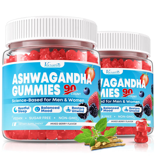Vazatisi Ashwagandha Gummies bottle with mixed berry chews for daily balance.