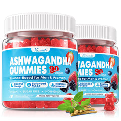 Vazatisi Ashwagandha Gummies bottle with mixed berry chews for daily balance.