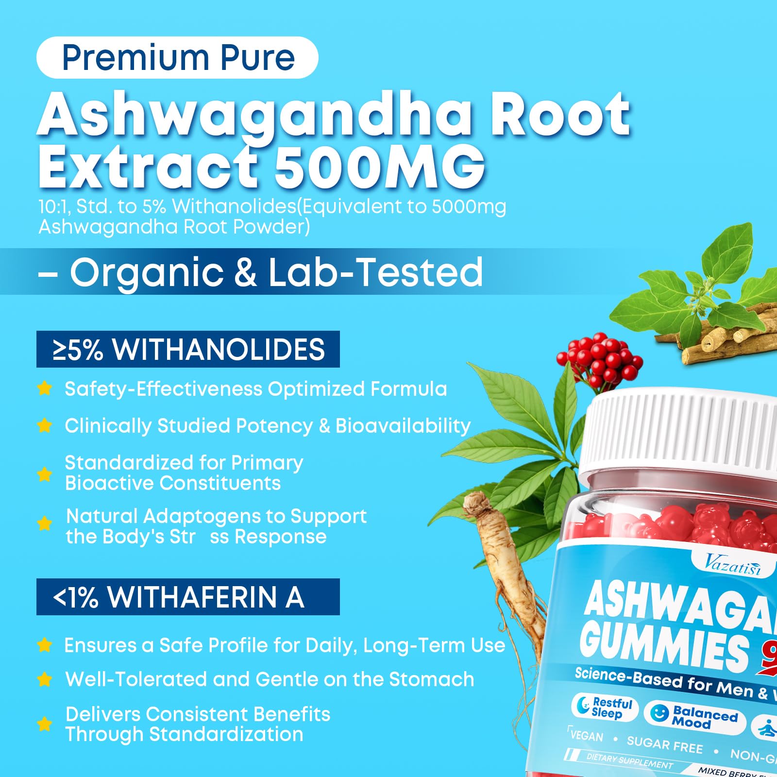Vazatisi Ashwagandha Gummies gummies beside glass showing chewable texture.