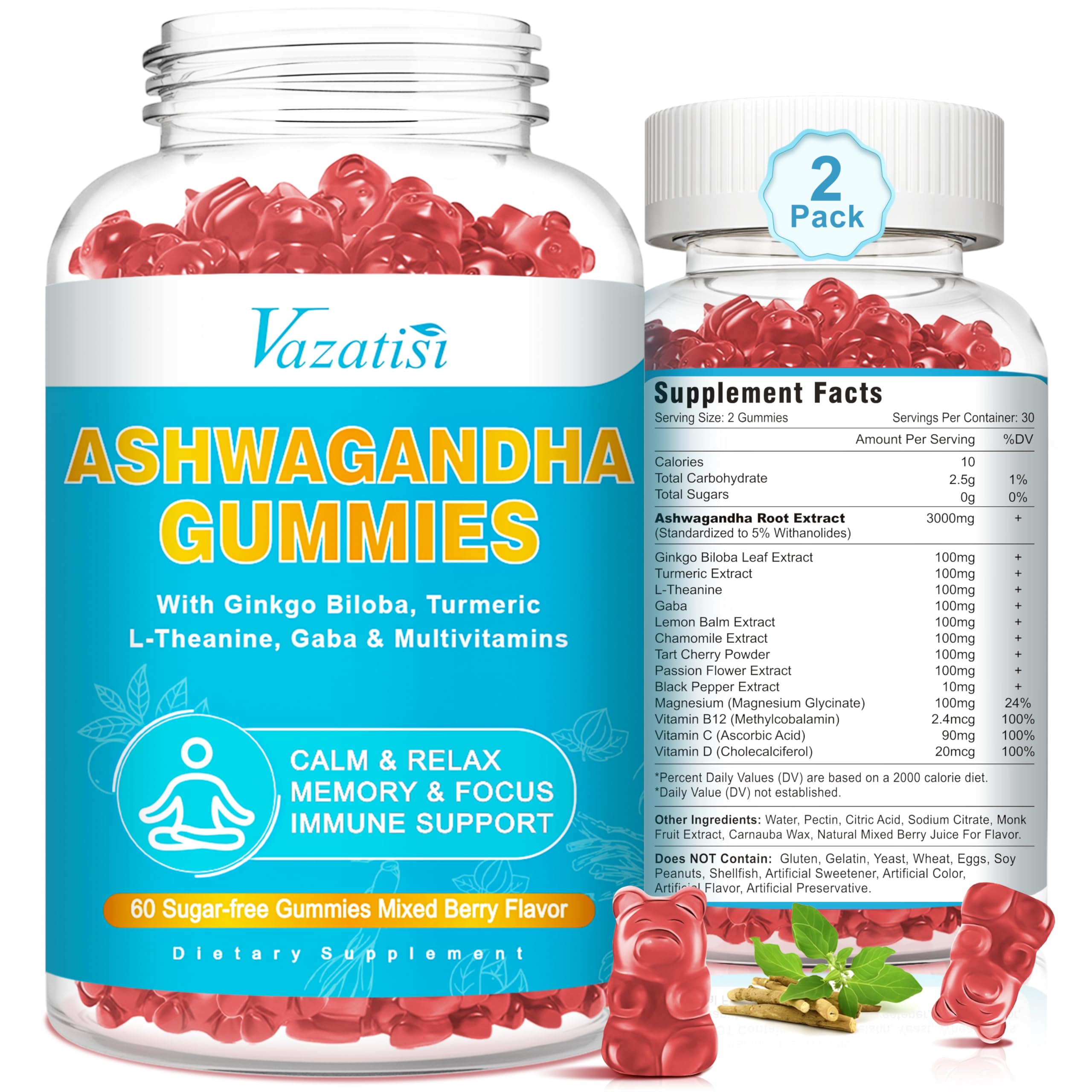 Vazatisi Ashwagandha Gummies mixed berry bottle showing flavor and daily usage benefits