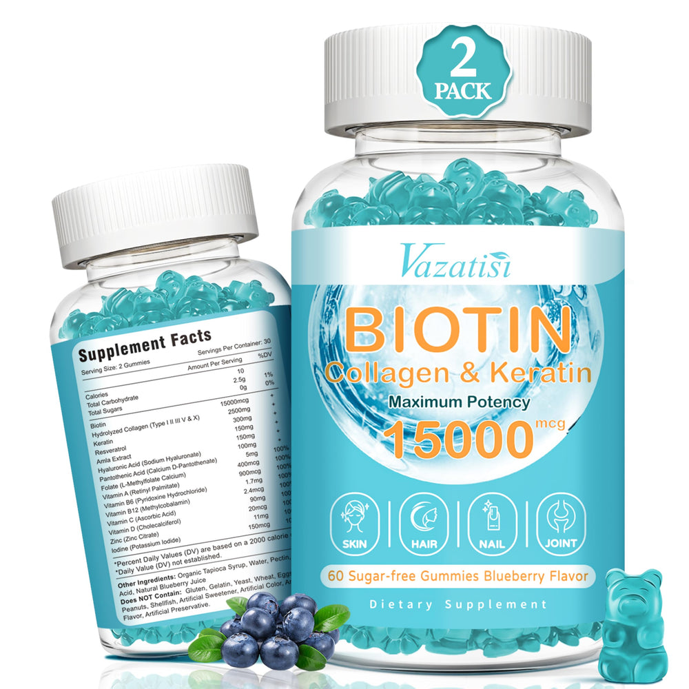 Vazatisi Biotin with Collagen gummies bottle showcasing blueberry flavor and sugar-free beauty support