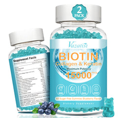 Vazatisi Biotin with Collagen gummies bottle showcasing blueberry flavor and sugar-free beauty support