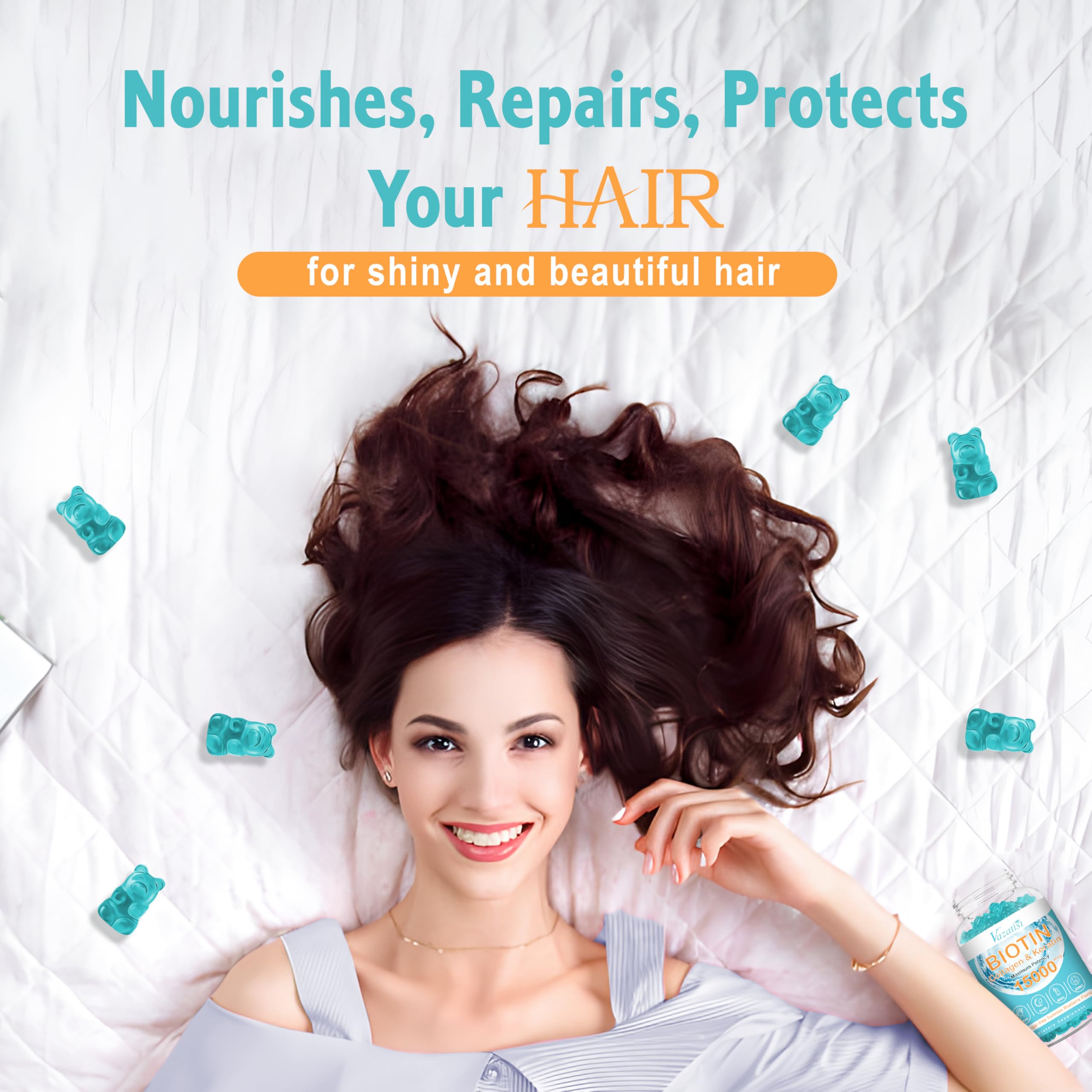 Vazatisi gummies on a bright countertop emphasizing collagen and biotin for hair and nails