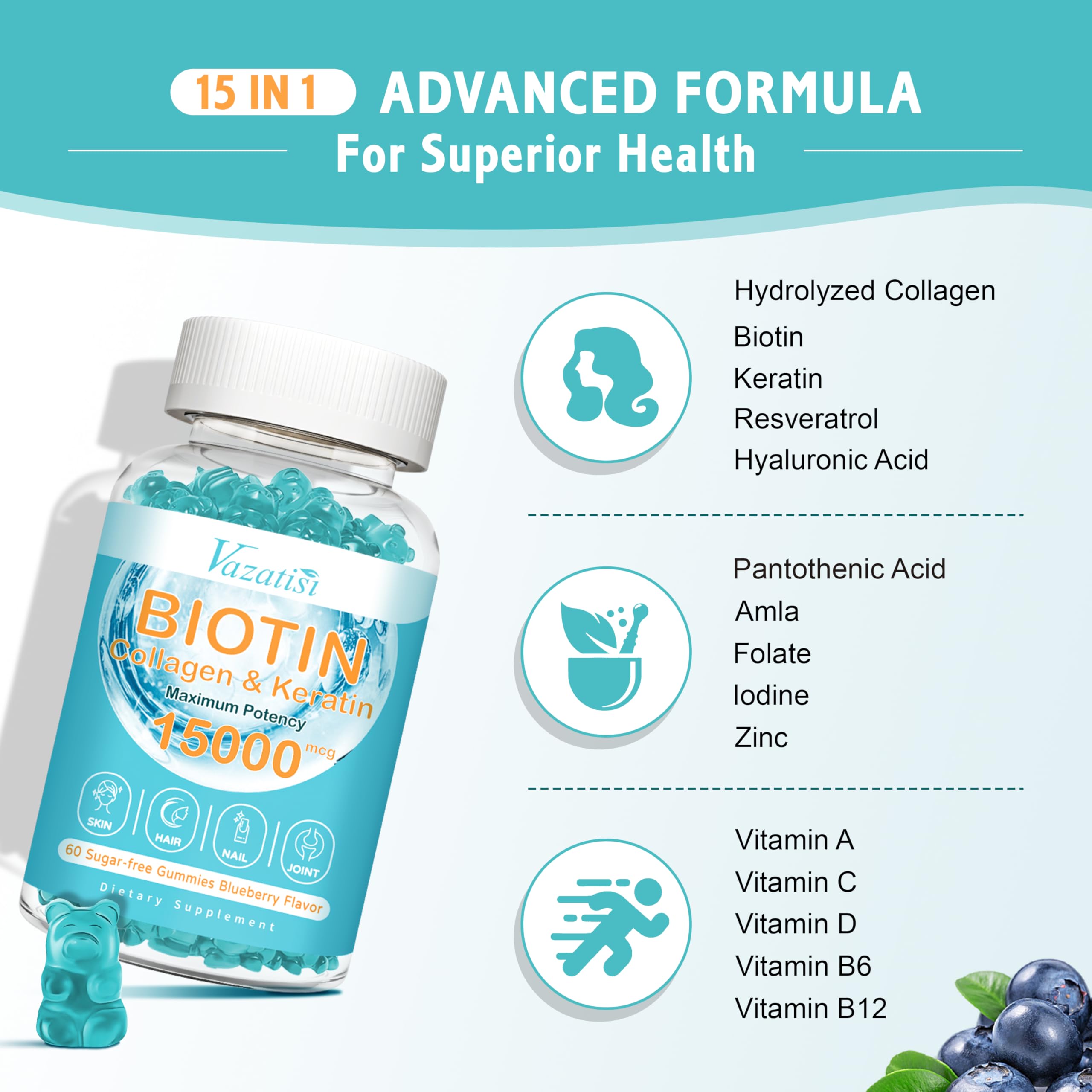 Vazatisi Biotin with Collagen gummies being poured with a spoon to show high absorption formula