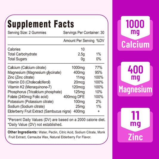 Vazatisi Calcium Magnesium Zinc Gummies close-up shows elderberry flavor.