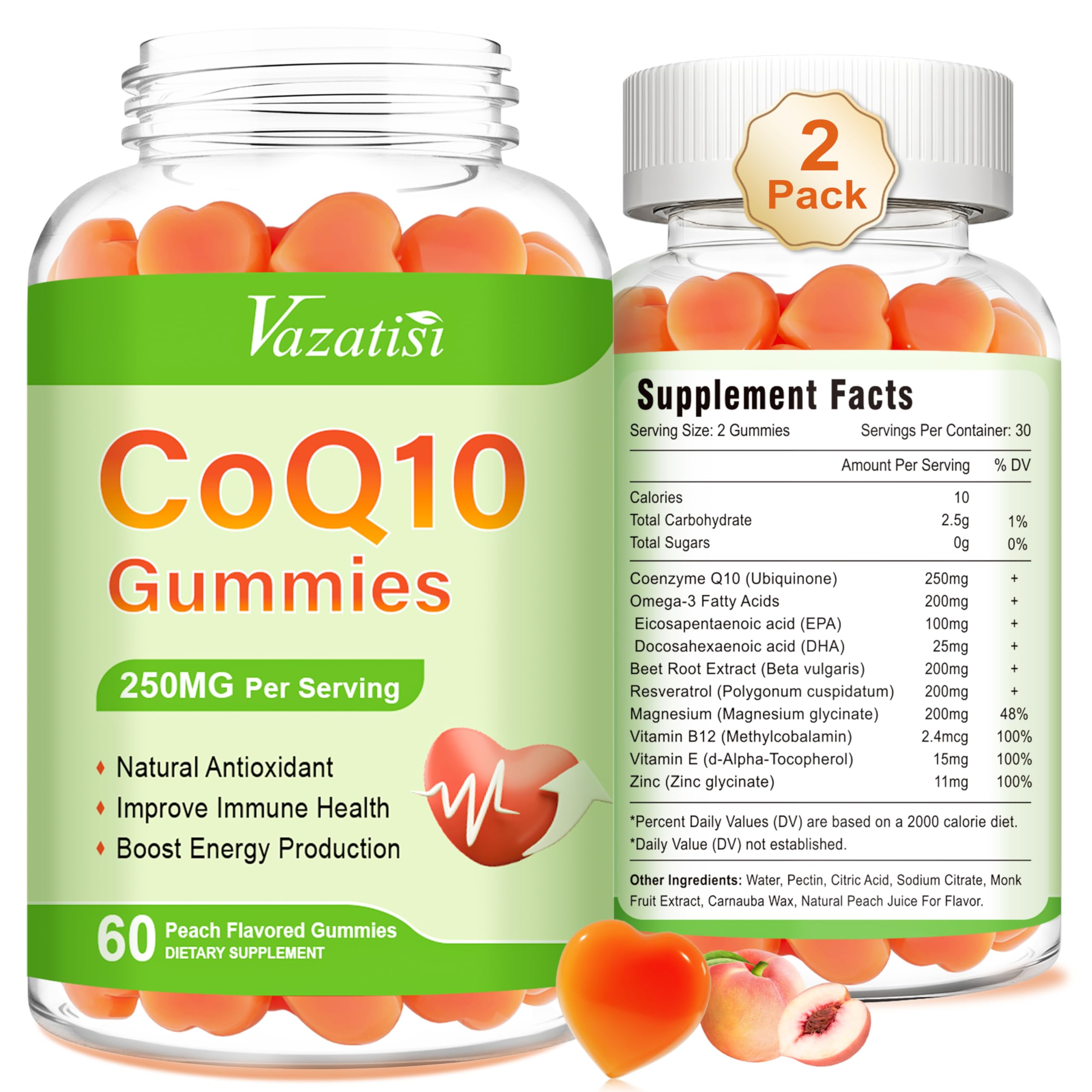 Vazatisi CoQ10 Gummies bottle front with peach flavor for energy support.