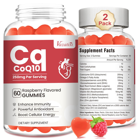 Vazatisi CoQ10 Gummies bottle shows raspberry flavor for convenient daily energy support