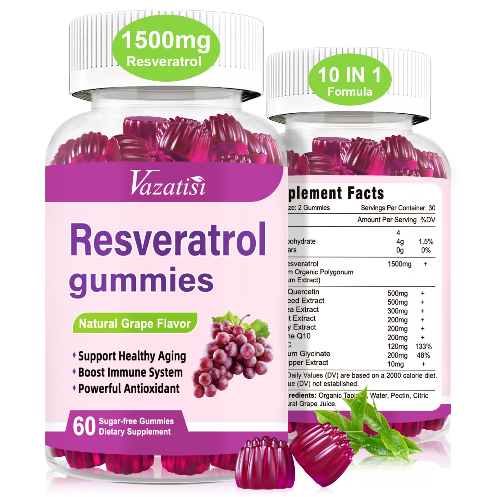 Vazatisi Resveratrol Gummies bottle showing premium formula for daily antioxidant support