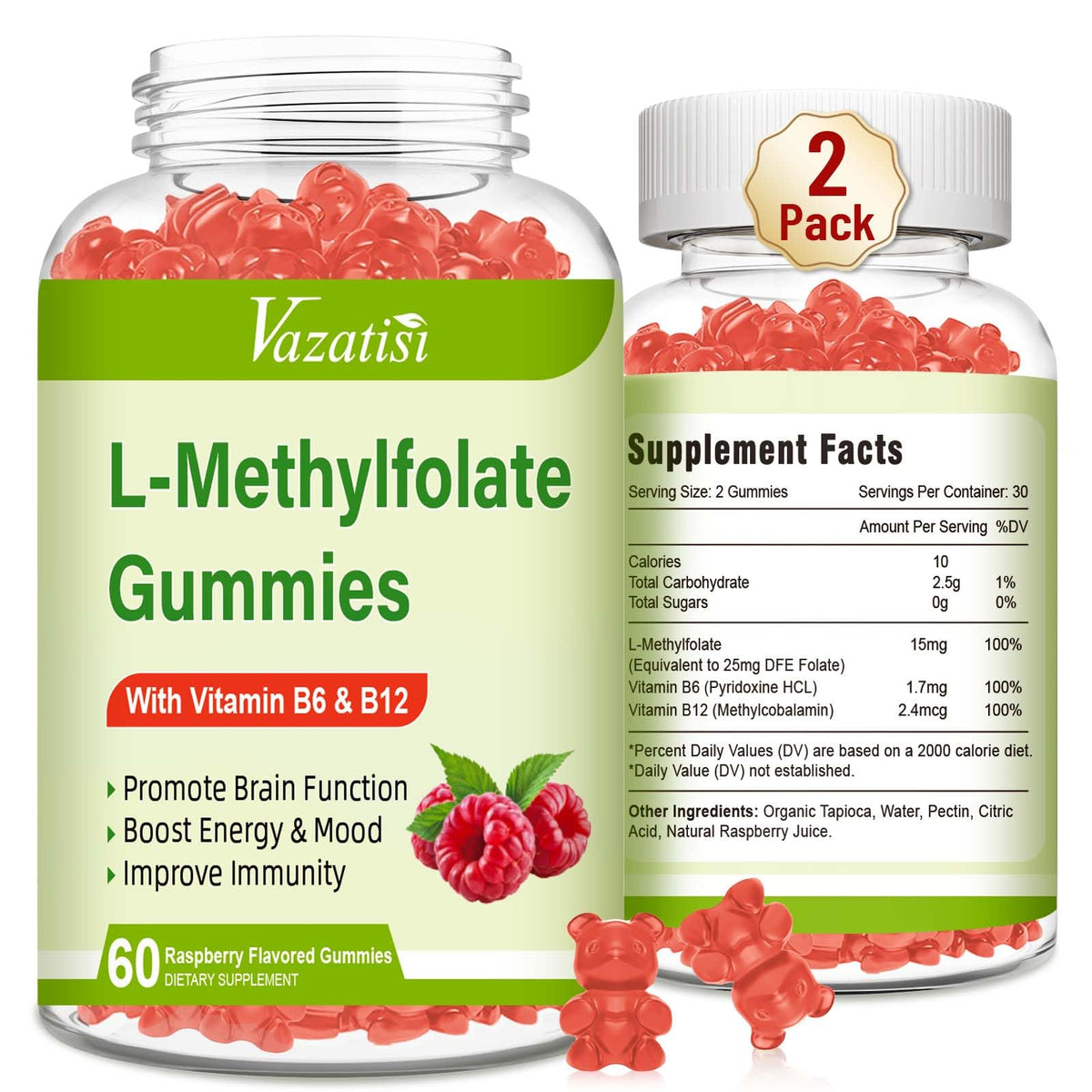 Vazatisi L-Methylfolate raspberry gummies bottle shown for convenient daily mood support and focus.