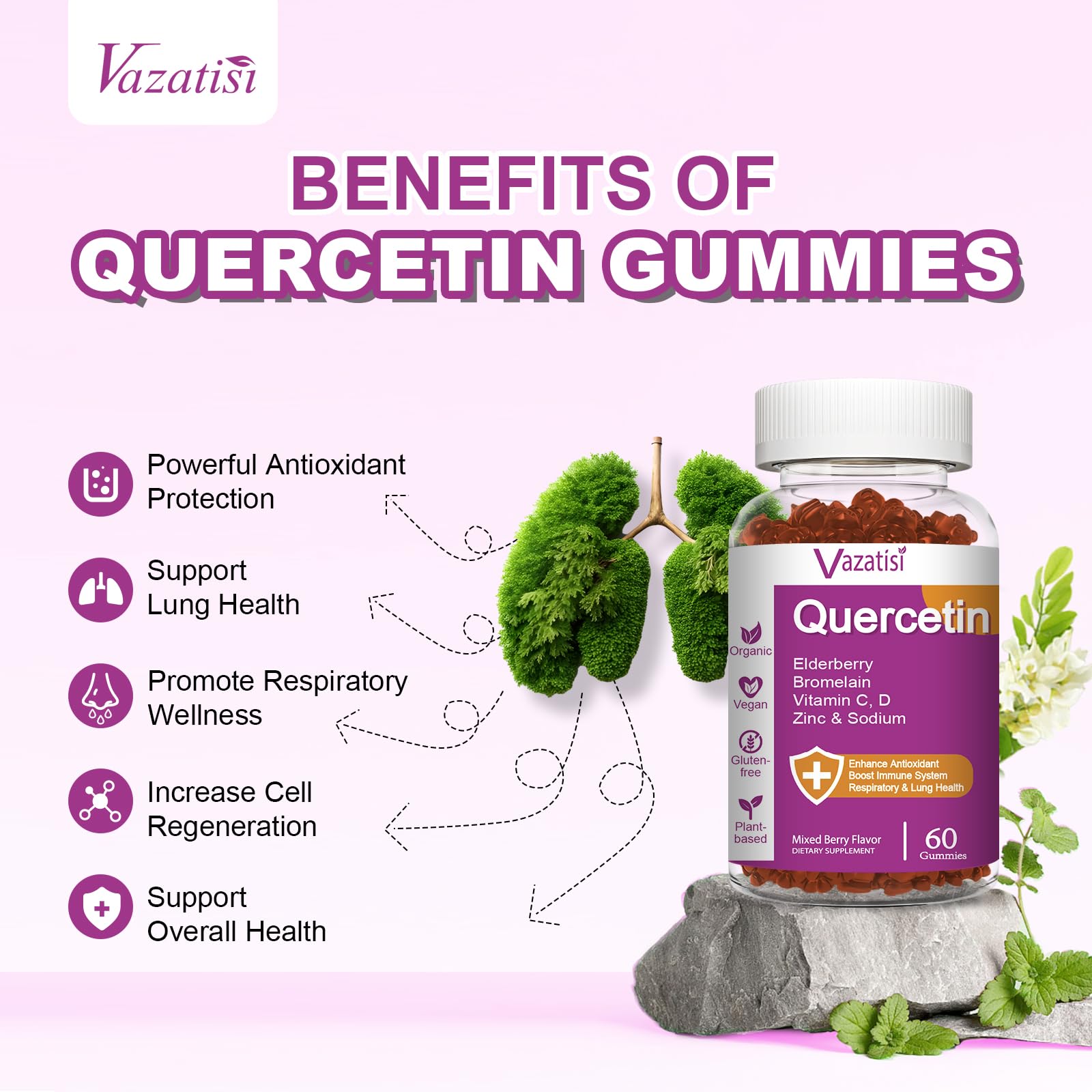 Vazatisi Quercetin Gummies cap close-up emphasizing freshness and dosage.