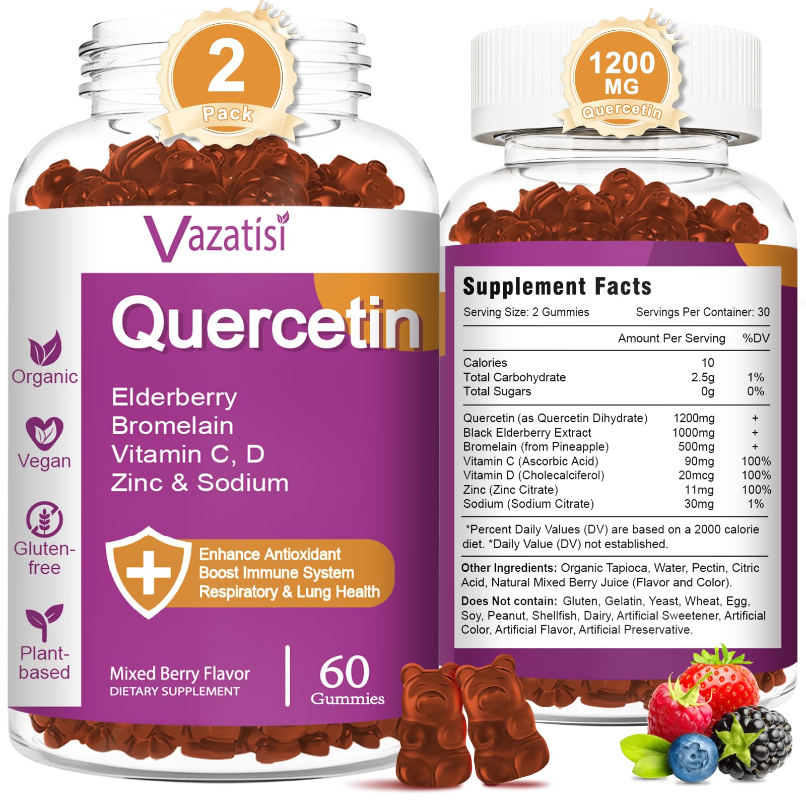 Vazatisi Quercetin Gummies bottle front with mixed berry flavor for daily immune support.