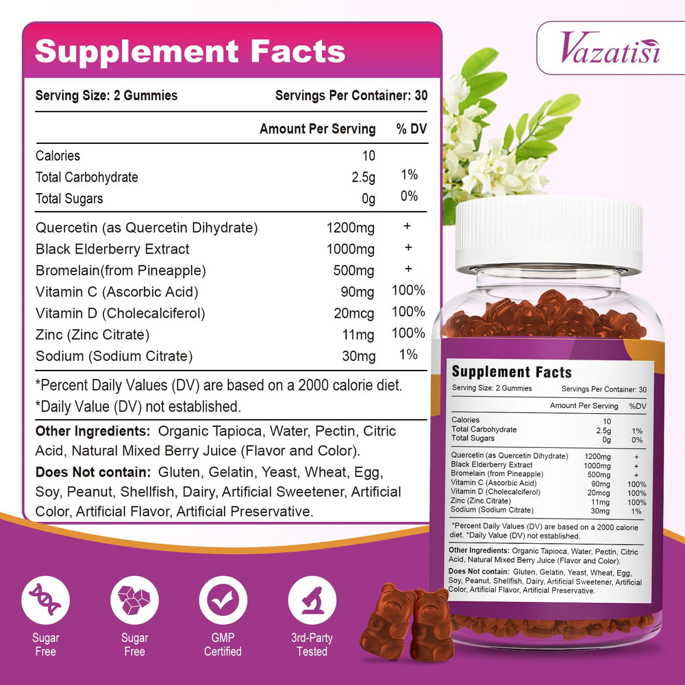 Vazatisi Quercetin Gummies bottle label highlighting the 7-in-1 formula.