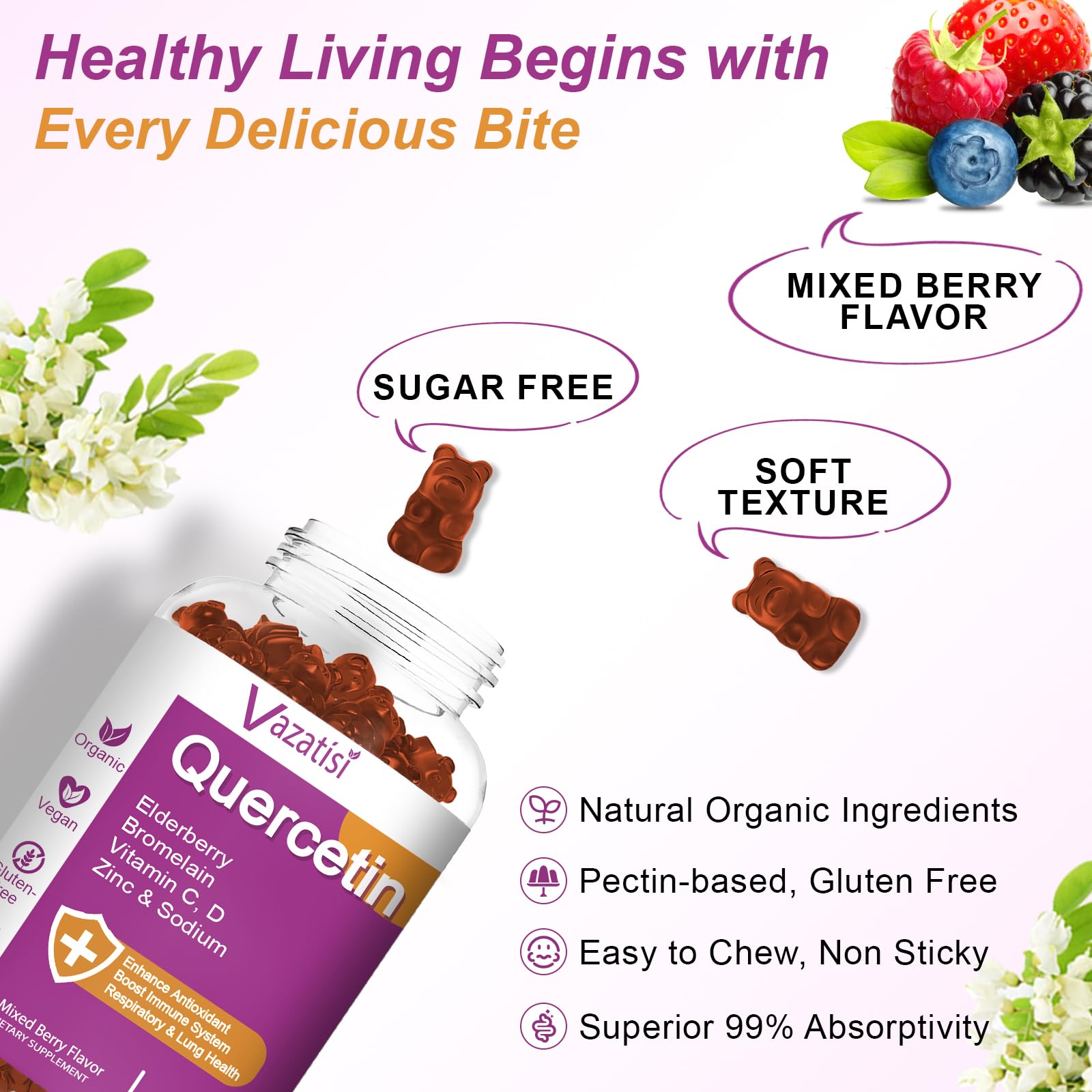 Vazatisi Quercetin Gummies bottle opened with gummies ready to chew.