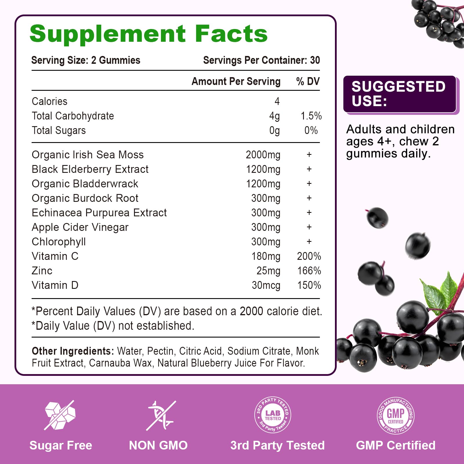 Vazatisi sea moss blend ingredients chart highlights natural nutrients