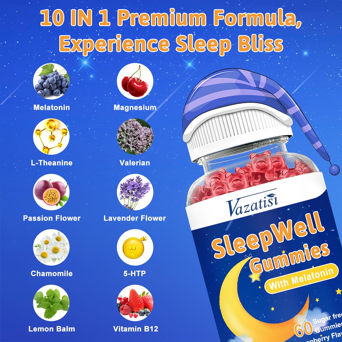 Vazatisi Sleep Gummies bottle with pour for convenient bedtime serving