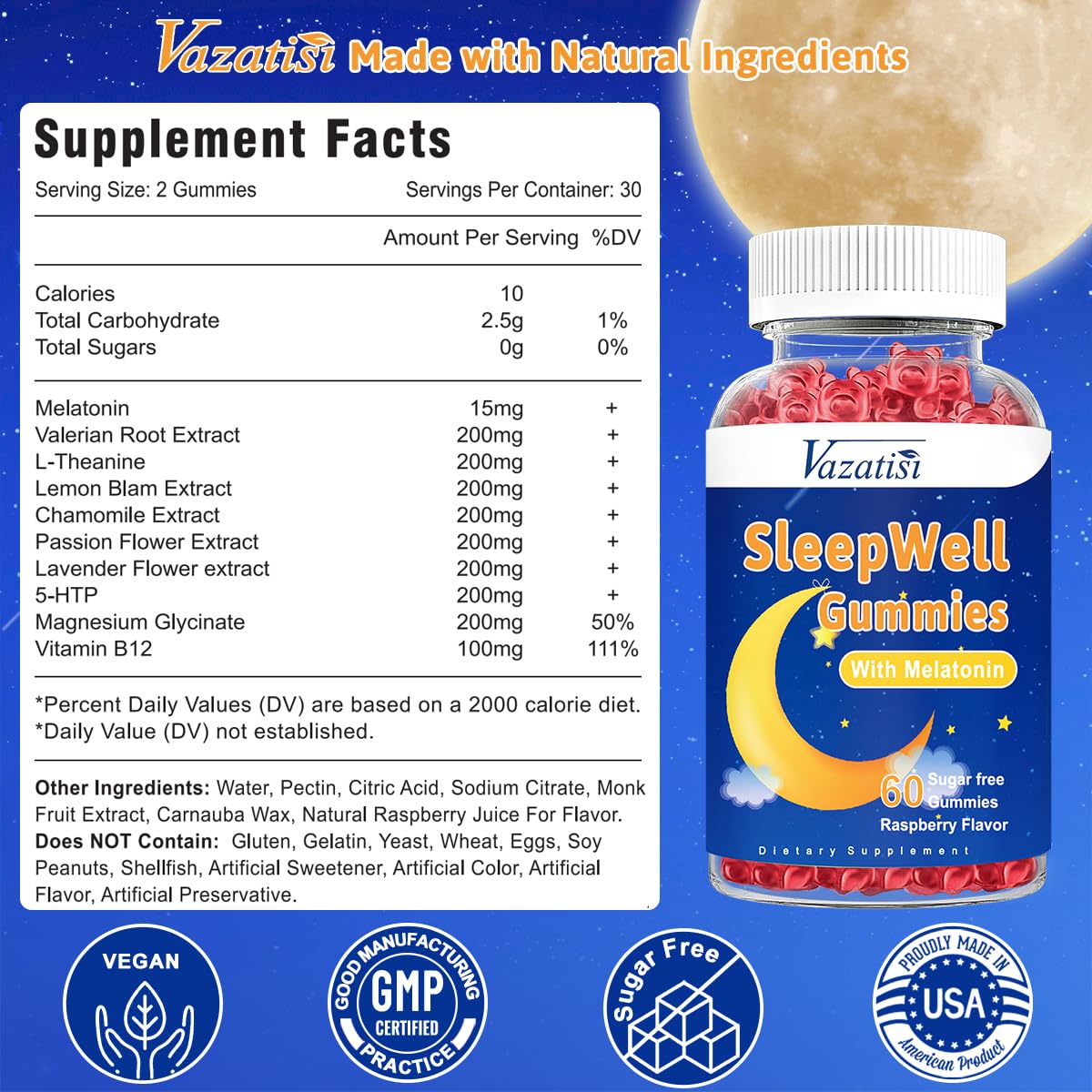 Vazatisi Sleep Gummies glossy label emphasizing vegan sugar-free formula