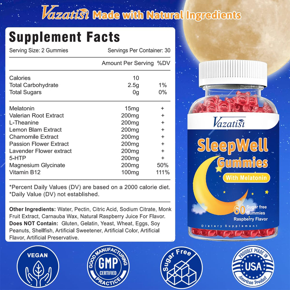 Vazatisi Sleep Gummies glossy label emphasizing vegan sugar-free formula