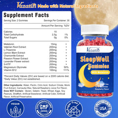 Vazatisi Sleep Gummies glossy label emphasizing vegan sugar-free formula