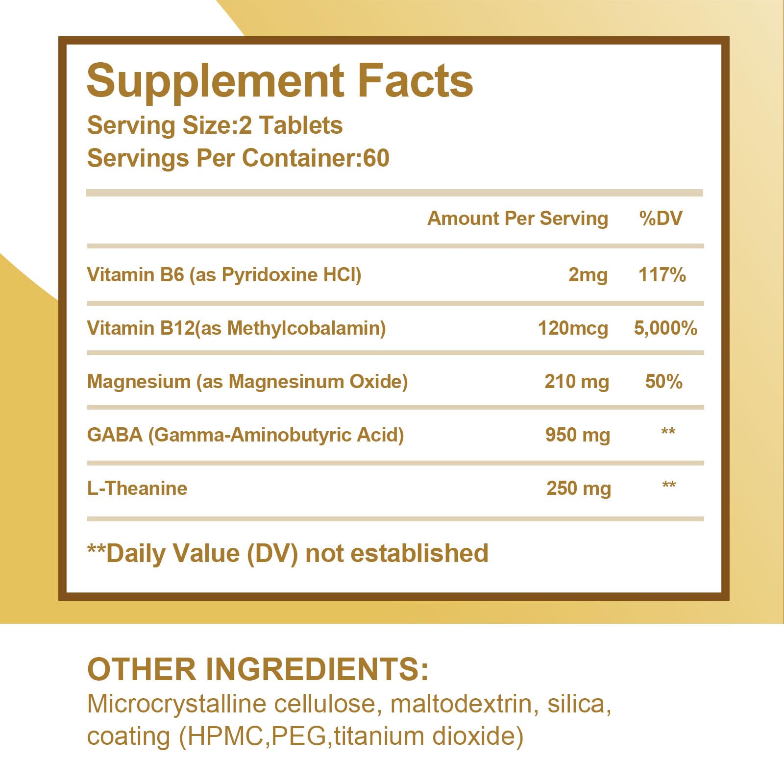 VBTOP GABA tablet close-up emphasizing 950mg dose and L-Theanine
