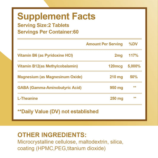 VBTOP GABA tablet close-up emphasizing 950mg dose and L-Theanine