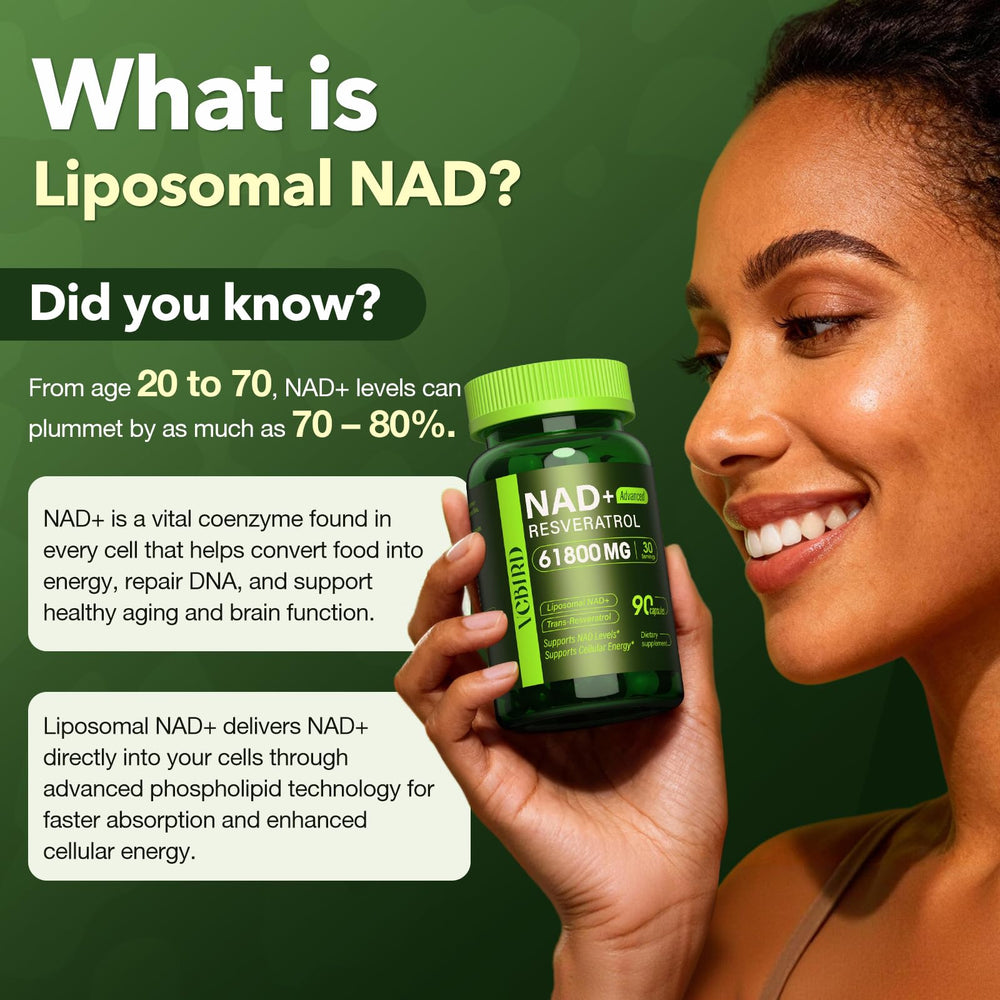 VCBIRD Nad Resveratrol bottle back highlights ingredients and dosage.