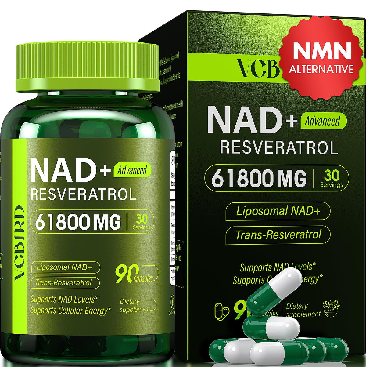 VCBIRD Nad Resveratrol bottle front showcases premium packaging for daily vitality.
