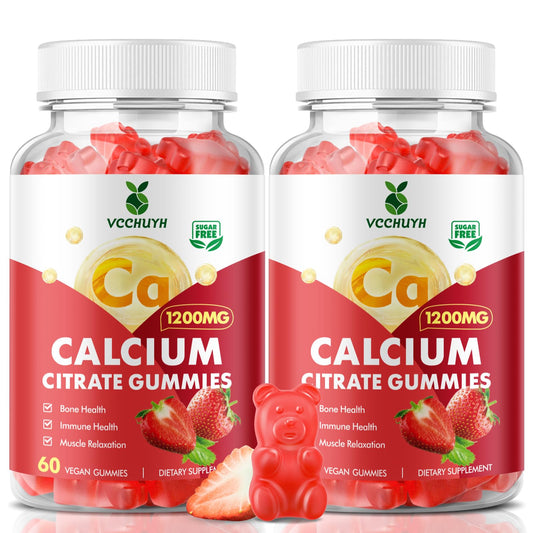 VCCHUYH Calcium Citrate Gummies 1200mg bottle shows strawberry, sugar-free formula for daily bone support.