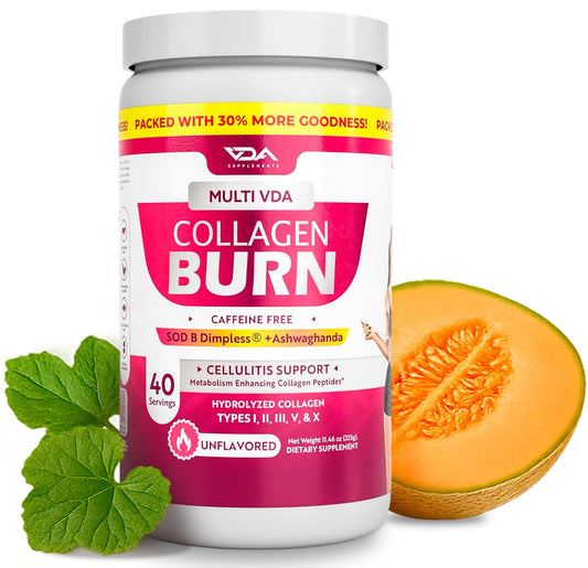 VDA Supplements hydrolyzed collagen bottle pouring into glass, supports daily wellness and skin vitality.